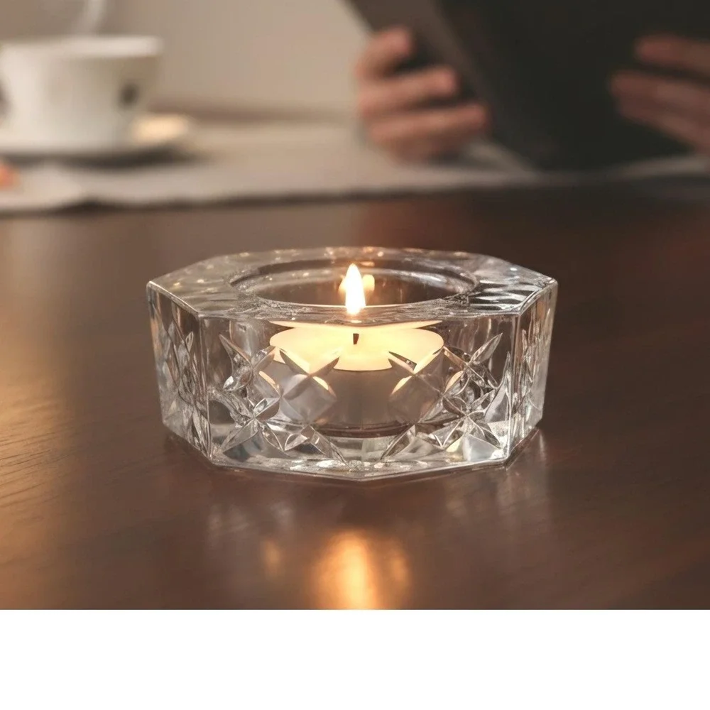 Vintage French‎ Crystal Octagon Diamond Cut Trinket Dish Tea Light Candle Holder